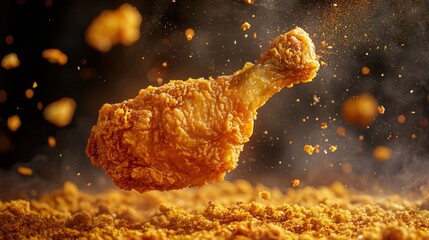 A perfectly fried chicken leg mid-air surrounded by dynamic crumbs and spices vibrant backdrop highlighting rich golden texture and crispy detail bold and appetizing