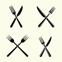 Fork and Knife Silhouette vector set- Elegant Crossed Cutlery Icon for Dining, Culinary Branding, and Kitchen Artwork