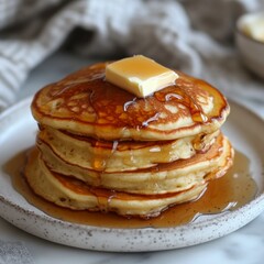 Buttery Stack of Fluffy Pancakes Drizzled with Maple Syrup