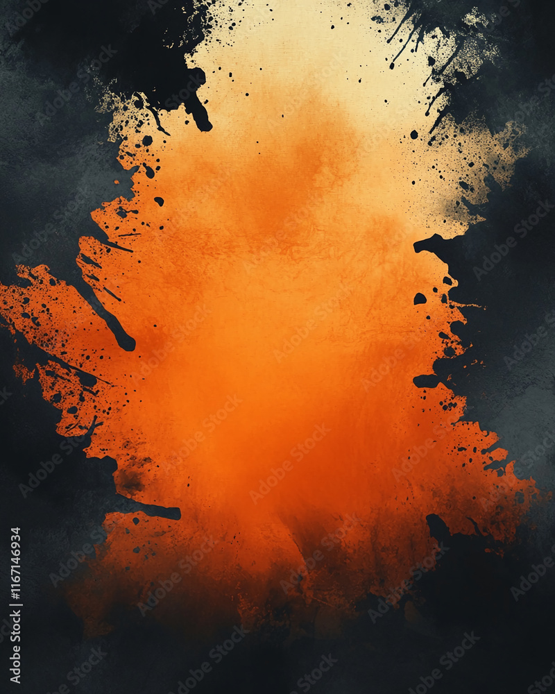 Poster abstract orange paint explosion on dark textured background