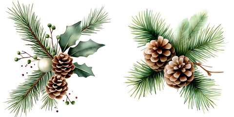 Fototapeta premium A beautiful arrangement of pine branches and pinecones, accented with holly leaves and berries, evoking a festive, wintery atmosphere.