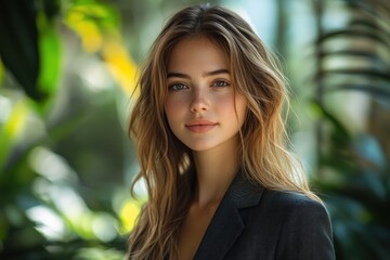 Fototapeta premium Young Businesswoman in Suit Outdoors with Greenery for Job Recruitment and Career Opportunities