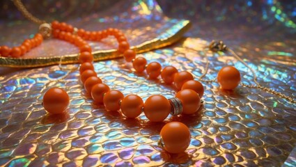 Naklejka premium This image showcases a luxurious coral bead necklace elegantly laid out on a shimmering, iridescent surface that reflects a spectrum of colors, with the necklace's silver clasp adding a touch of
