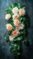 Elegant Arrangement of Soft Pink and White Roses with Green Foliage on Textured Background