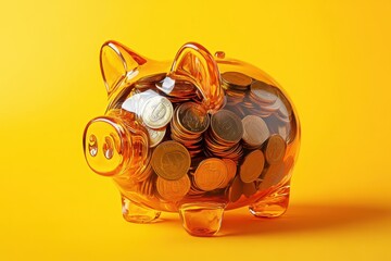 Clear piggy bank filled with shiny coins resting against a vibrant yellow backdrop, symbolizing savings and financial growth. Generative AI
