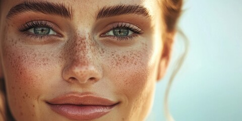 A woman with striking green eyes and freckles smiles warmly while basking in sunlight, showcasing her natural beauty against a scenic backdrop