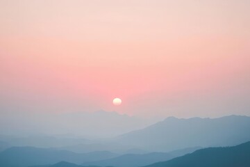 Serene sunset casts a soft glow over distant mountain ranges in a quiet evening sky. Generative AI