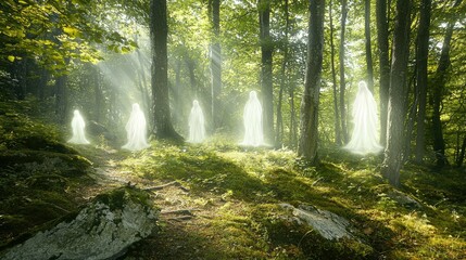 Fototapeta premium Ethereal Ghostly Figures Amidst Lush Green Forest Landscape