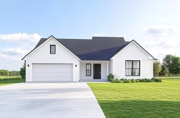 Fototapeta premium 3D rendering of a white two-story house with a black roof