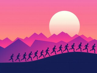 Naklejka premium Silhouette of Multiple Runners Against a Vibrant Sunset Over Mountains in a Colorful Sky