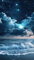 Mystical Ocean Scene with Bioluminescent Waves and Stars