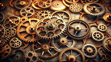 Intricate Network of Aged Brass Cogwheels and Gears Intermeshed in Complex Mechanical Harmony