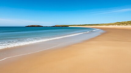 Fototapeta premium Stunning golden sandy beach with serene blue ocean and sky,vast empty space for text