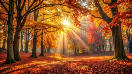 Golden Sunbeams Illuminate a Serene Autumn Woodland Landscape with Vibrant Foliage and Fallen Leaves
