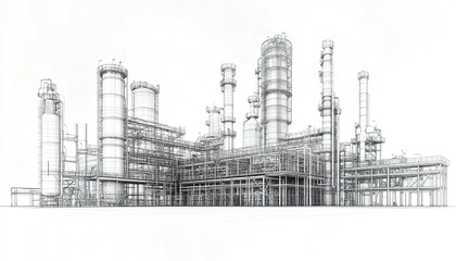 Obraz premium A large oil and gas production plant, drawn in black lines on white paper