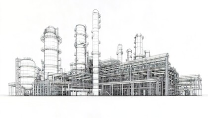 Obraz premium A large oil and gas production plant, drawn in black lines on white paper