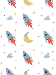 cute kids pattern with a rocket in space, stars and moon