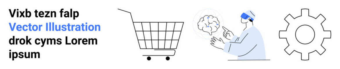 Scientist analyzing a brain with virtual reality, a shopping cart, and a gear icon representing automation. Ideal for e-commerce, AI tech, automation, retail innovation, technology integration