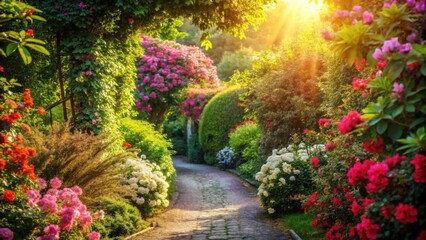Serene Garden Path at Golden Hour A Picturesque Stroll Through Vibrant Blossoms and Lush Greenery