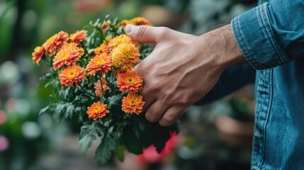 Man Offering Vibrant Flower Bouquet in Garden Setting Emphasizing Connection with Nature and Emotions of Friendship and Appreciation