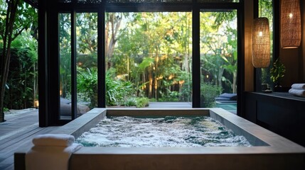 Serene spa room featuring a modern jacuzzi surrounded by lush greenery for ultimate relaxation and rejuvenation