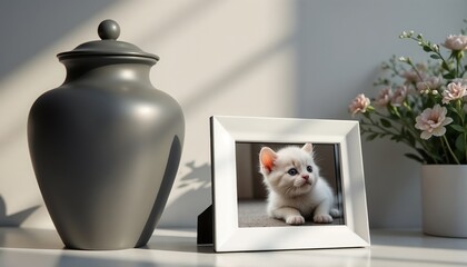 Memorial urn, kitten photo, and flowers in a cozy setting.Farewell. Love. Cherished memories.Pet memorial, emotional farewell, memory keepsake, remembrance art, calming decor, emotional design, pet l
