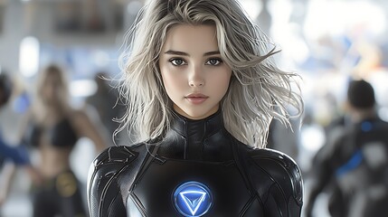 Vigilante superhero young woman in a sleek skin-tight spandex suit, black and white theme with subtle blue accents, blonde hair styled elegantly, hourglass emblem glowing brightly on chest, 