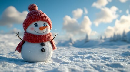 Obraz premium Cheerful snowman with red knit hat and scarf in a snowy field, bright blue sky, and crisp winter day, featuring a photorealistic winter wonderland scene.