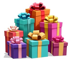 Colorful birthday gifts stacked on a white background.