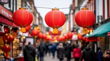 Fototapeta premium Bustling Street Market Adorned with Vibrant Red Lanterns and Golden Banners