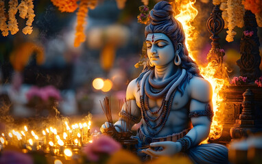 A glowing statue of Lord Shiva adorned with flowers and incense sticks for maha shivaratri