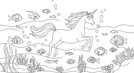 Charming unicorn in an underwater coloring page.  Aquatic fish and coral reef.
