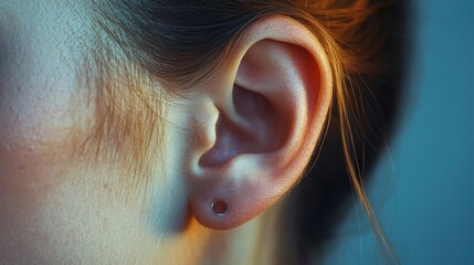 Close-up of a Human Ear with Subtle Details Highlighting Piercing and Hair, Soft Lighting Creating an Artistic Effect in a Calm Atmosphere