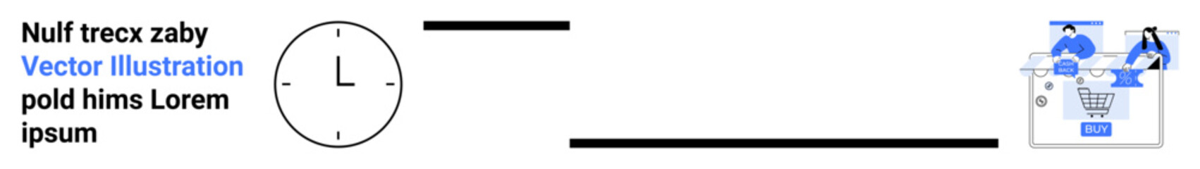 Analog clock with placeholder text and a blue e-commerce shopping cart graphic connected by lines. Ideal for time management, digital transformation, e-commerce, workflow optimization, process