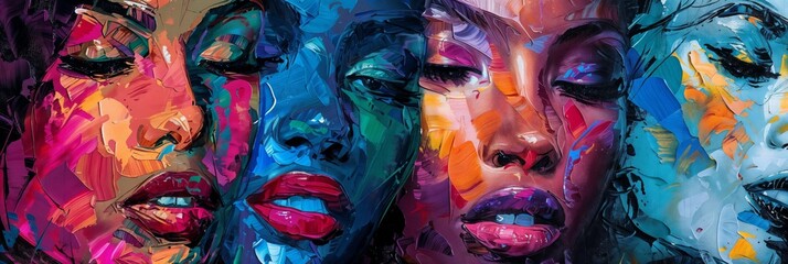 Abstract art of four women's faces in vivid brushstroke textures.Diversity. Unity. Expressive beauty of feminine serenity.Art exhibitions, feminist movement promotions, creative projects, cultural u

