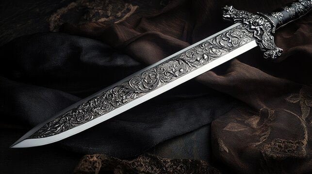 Elegant sterling silver sword with intricate designs and sleek matte blade showcased on dark fabric for a captivating photographic composition
