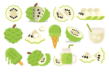 Set of green Annona, Farm fresh Annona product emblem for grocery shop, collection of ice cream, Juice jar, glass of juice, ice cream cone and stick, simple flat vector illustration of fruits.