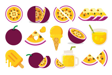 Set of Purple Passion Fruit, Farm fresh product emblem for grocery shop, collection of ice cream, Juice jar, glass of juice, ice cream cone and stick, simple flat vector illustration of fruits.