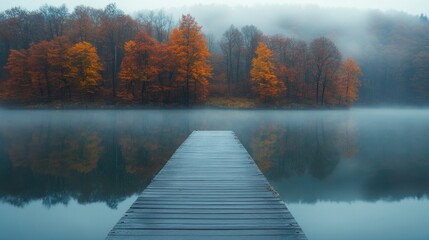 Calm morning by the lake with vibrant autumn trees reflecting in the misty water