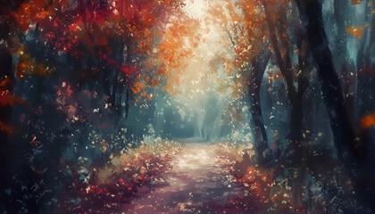 Digital Art of a Misty Autumn Forest Path

