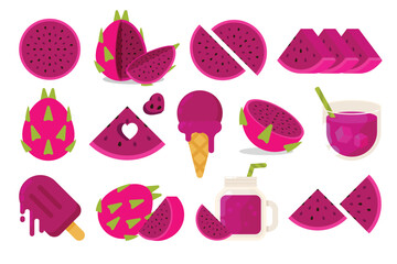 Set of Fleshed Dragon fruit, Farm fresh product emblem, collection of ice cream, Juice jar, glass of juice, ice cream cone and stick, simple flat vector illustration of fruits.