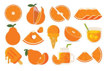 Set of orange Tangelo, Farm fresh product emblem for grocery shop, collection of ice cream, Juice jar, glass of juice, ice cream cone and stick, simple flat vector illustration of fruits.