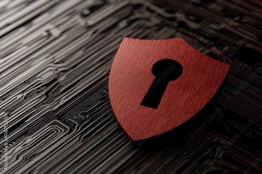 Poster red shield with keyhole symbol on dark circuit background representing security