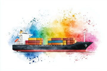 Fototapeta premium Colorful Container Ship Sailing Through Vibrant Watercolor Splashes in Background