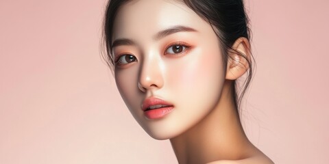 Fototapeta premium A young woman poses with a gentle expression, highlighting her flawless skin and subtle makeup in front of a soft pink backdrop, radiating elegance and confidence