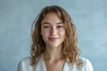 Smiling young woman with wavy hair poses gracefully against a soft blue backdrop, radiating warmth and positivity. Generative AI
