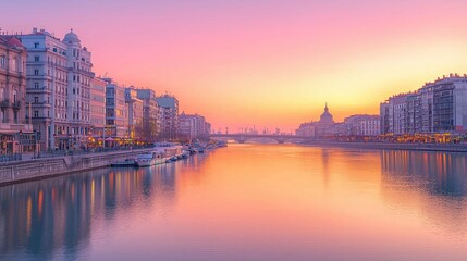 Naklejka premium Serene Riverfront at Sunset with Vibrant Colors and Reflection