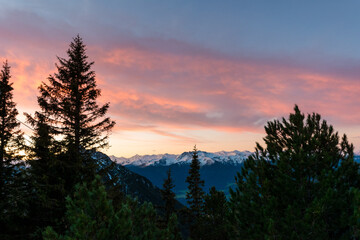 Beautiful Alpine Panorama of the Karwendel Range Illuminated by Soft Sunset Colors