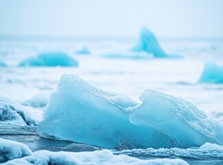 a beautiful northern lights with icebergs in the background in iceland, stock photo style. depth of field, snow and ice landscape, cold blue green colors.