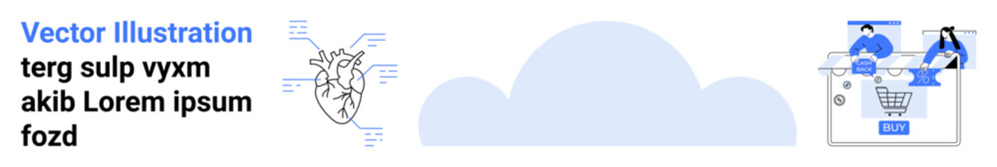 Team of people collaborating and analyzing data on computer screen with shopping cart icon, cloud graphic, anatomical heart diagram. Ideal for teamwork, e-commerce, cloud technology, data analysis